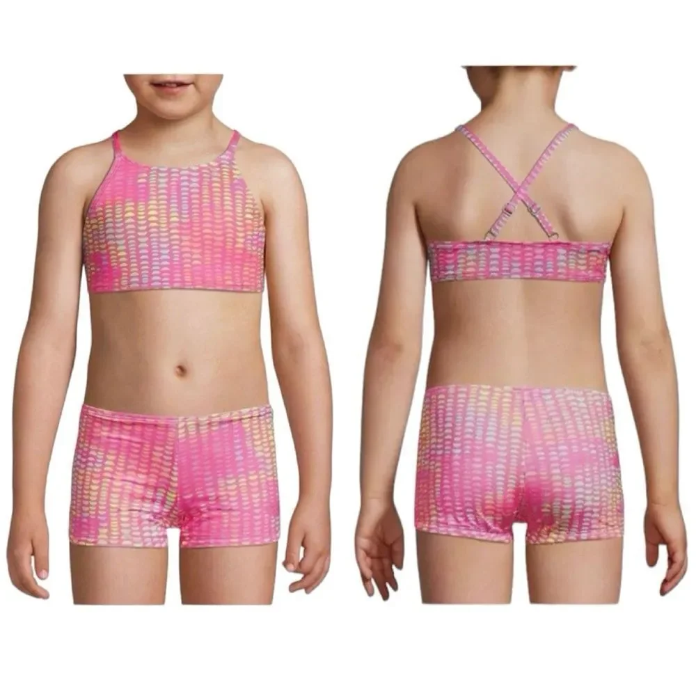 Lands’ End Bright Pink Geo Printed Bikini Top Size 8 New